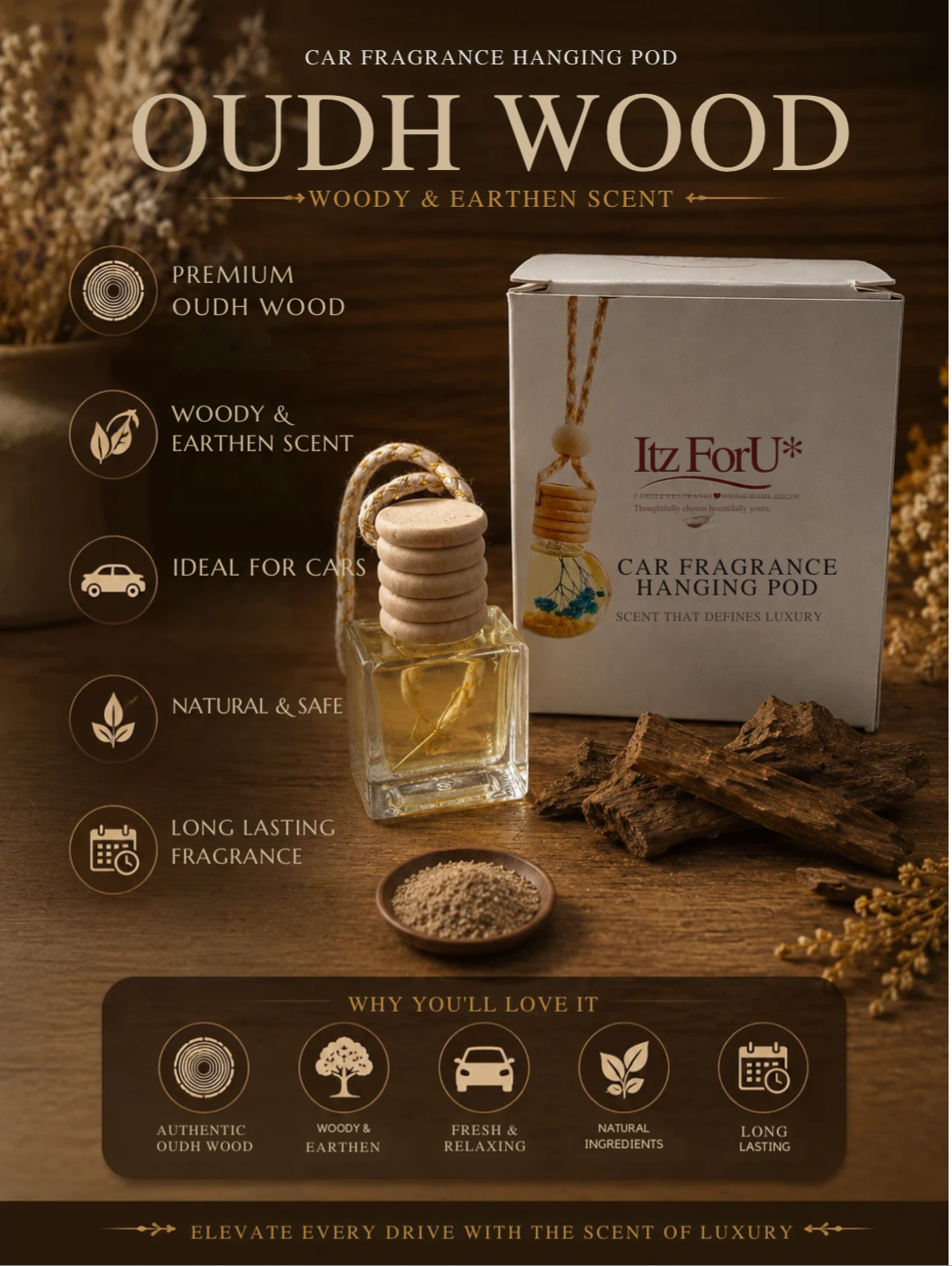 Oudh Wood | Luxury Car Fragrance Hanging pod with Natural Oils | Premium Car Accessory (10 ml)