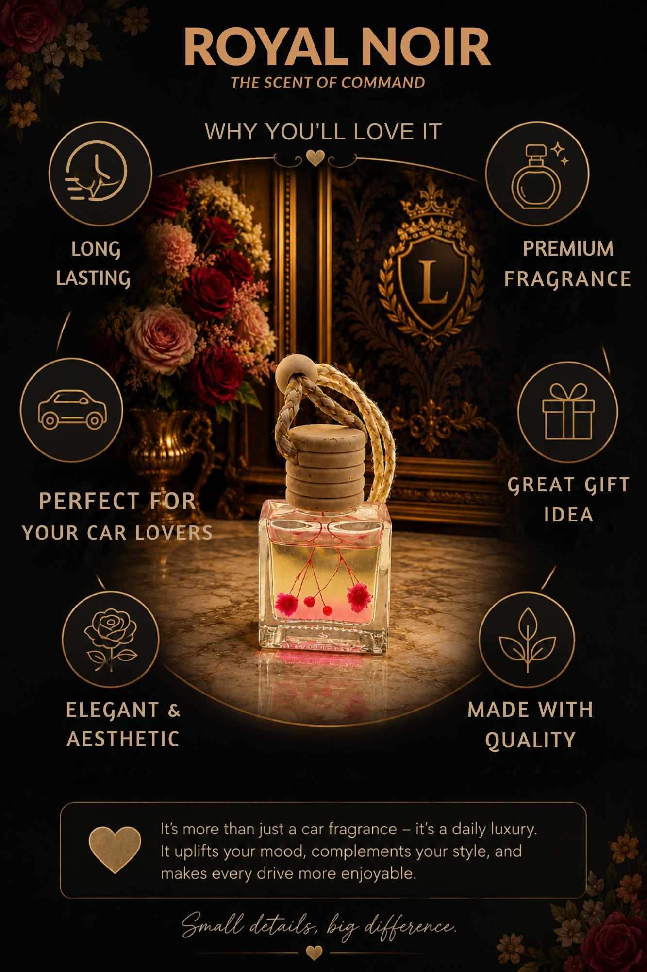 Royal Noir  | Luxury Car Fragrance Hanging pod with Natural Oils | Premium Car Accessory (10 ml)