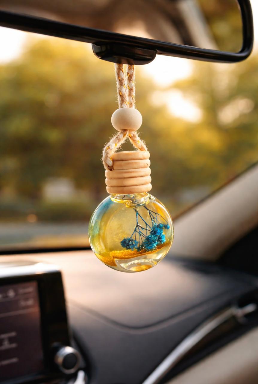 Hanging Car Fragrance. Round Shaped Glass Bottle.