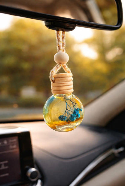 Hanging Car Fragrance. Round Shaped Glass Bottle.